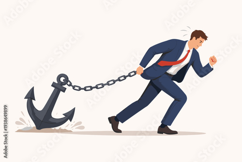 Businessman in Suit Struggling to Run Forward While Being Held Back by a Heavy Anchor and Chain, Concept of Career Burden, Professional Obstacles, Debt, Limitation, and Hard Work in Business
