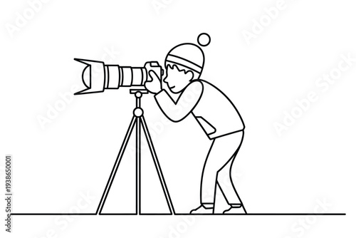 Line drawing of a photographer using a camera on a tripod