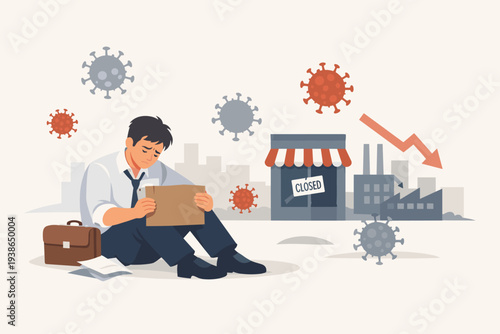 Sad unemployed businessman sitting on the street holding a cardboard sign during the COVID-19 pandemic. Economic crisis, business closure, and job loss concept illustration with virus cells.