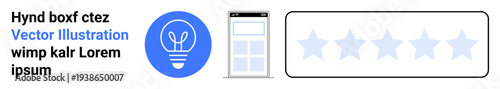 Innovation, user interface design, mobile apps, rating feedback, creativity, and digital media. A light bulb symbol, mobile screen and stars rating. Innovation and mobile app concepts portrayed