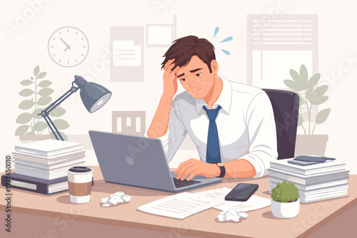 Overworked and Stressed Businessman Sitting at a Cluttered Office Desk with a Laptop, Feeling Anxious and Exhausted. Illustration of an Employee Facing Burnout, Deadline Pressure, and Mental Fatigue.