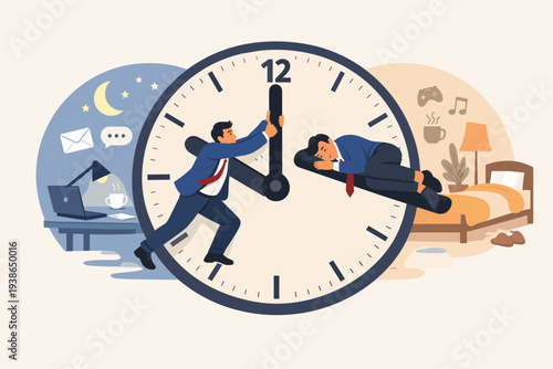 Businessman Struggling with Work-Life Balance and Overtime, Pushing Clock Hands Between Night Office Work and Personal Rest, Concept of Burnout, Time Management, and Remote Working Challenges