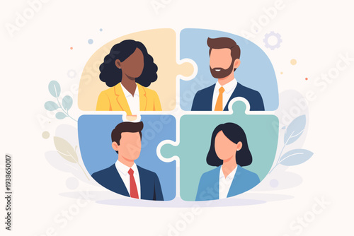 Diverse Business Team Collaboration Concept with Four Professional People Portraits in Interlocking Jigsaw Puzzle Pieces, Symbolizing Unity, Partnership, Corporate Teamwork, and Human Resources.