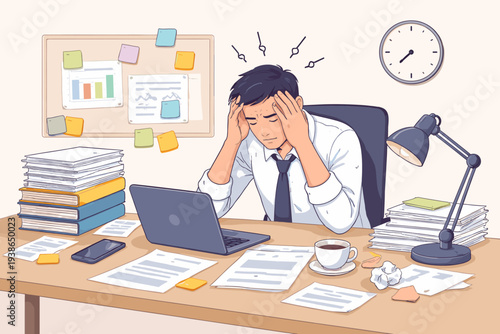 Stressed businessman sitting at a cluttered desk with laptop and stacks of paper, feeling overwhelmed and exhausted by heavy workload and tight deadlines, vector illustration of office burnout.
