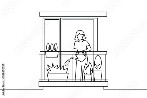 Woman watering plants on a balcony with a minimalist line drawing style