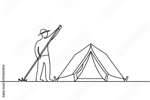Line drawing of a camper setting up a tent outdoors