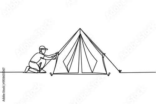 A minimalist line drawing of a person setting up a tent