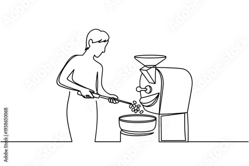 Continuous line drawing of a person operating a coffee grinder