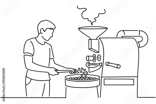 A man roasting coffee beans with a machine in a line drawing