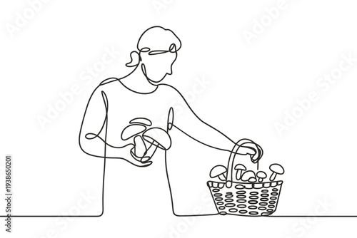 Continuous line drawing of a woman with a basket of mushrooms