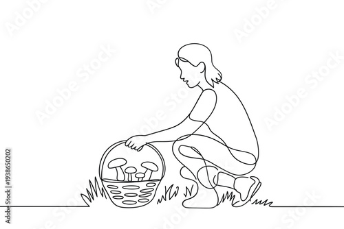 Woman with basket of mushrooms drawn in a continuous line