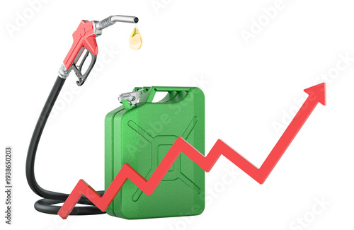 Fuel price increase concept with jerrycan and nozzle, 3d rendering