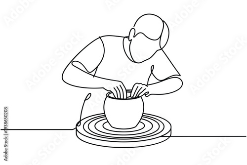 A continuous line drawing of a potter working at the wheel