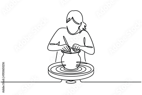 A continuous line drawing of a potter working at a wheel