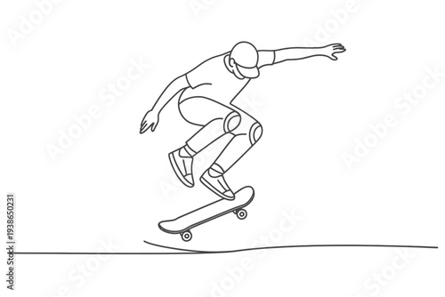 A dynamic line drawing depicts a skateboarder in mid air performing a trick