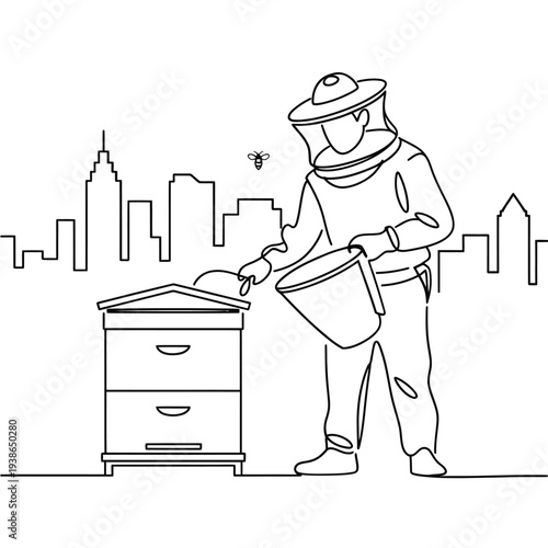 Line art illustration of a beekeeper tending to a beehive in a city
