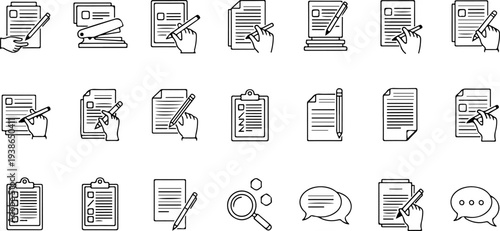 Set of writing related outline icons. Linear vector collection with editable stroke for text, notes, editing and communication concepts. Vector illustration.eps