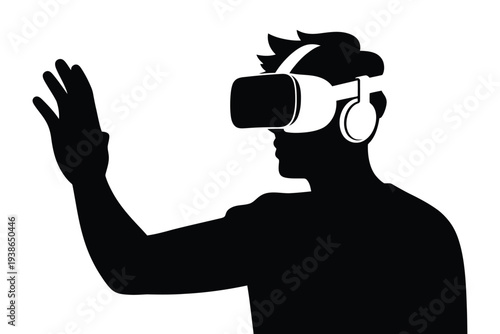 Silhouette of a person using virtual reality headset and waving
