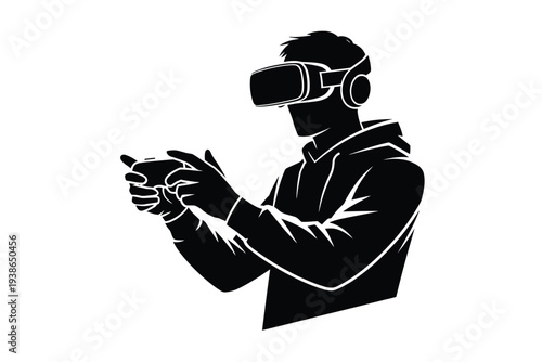 Silhouette of a person wearing virtual reality headset and interacting