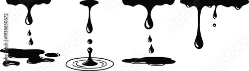 Black water dripping drops and liquid splash puddles with circular ripple waves silhouette vector Illustration set isolated on white background