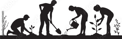 Silhouettes of People Gardening in Sequence planting