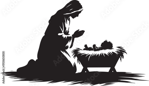 Silhouette of Mary kneeling beside baby Jesus in a manger