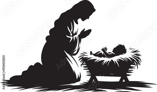 Silhouette of Mary praying over baby Jesus in a manger
