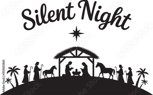 Nativity scene silhouette with Silent Night text and star