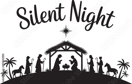 Nativity scene silhouette with Silent Night text and star