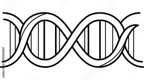 Black and white linear illustration of a scientific DNA double helix structure representing genetics, biology, and molecular science