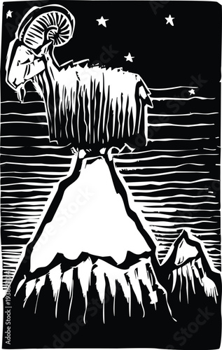 Woodcut style billy goat at the top of a mountain