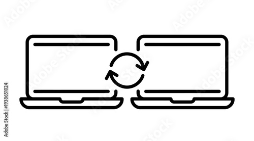 Simple black and white line art icon illustrating bidirectional data synchronization between two modern laptop computers.