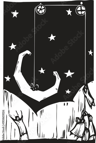 Woodcut style image of people raising the moon in to the sky