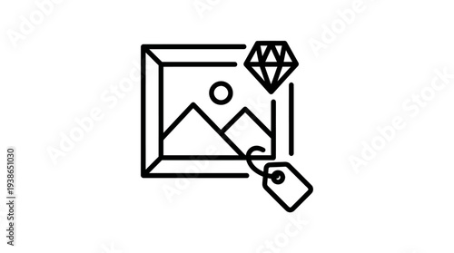 Minimalist line icon representing fine art appraisal valuation service featuring artwork, diamond, and price tag.