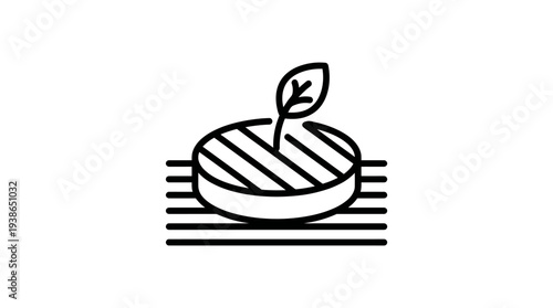 Black line art icon representing a grilled plant-based patty with a fresh green leaf sprout emerging.