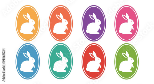 Eight stylized rabbit icons within colorful egg shapes.