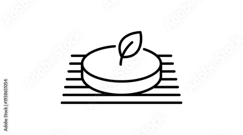 An illustrative line drawing showing an organic solid cosmetic or soap product with a leaf, emphasizing natural and sustainable ingredients.