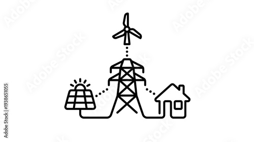 Simple icon illustrating renewable energy generation flow connecting solar, wind power to the electrical grid and a home.