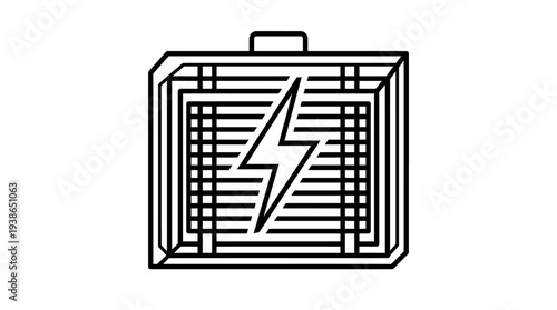Black and white line art illustration of a briefcase or power box icon with a prominent lightning bolt symbol inside.