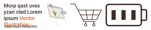 Online shopping, location tracking, digital maps, mobile navigation, energy conservation, e-commerce visuals. Map with pin, shopping cart outline battery icon. Online shopping and location tracking
