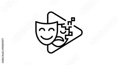 Iconic dual theater masks symbolizing comedy and tragedy dissolving into abstract digital play button shapes