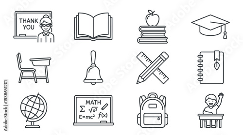 Collection of education-themed line art icons featuring school supplies, students, and teachers on a white background.