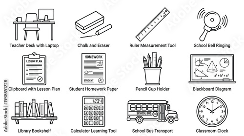 Collection of black and white line art icons depicting various school and education-related items and tools for learning and teaching.