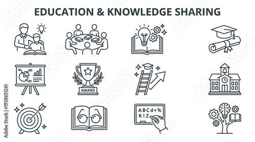 Line icons representing education, knowledge sharing, learning, teaching, academic achievement, and collaborative study concepts.