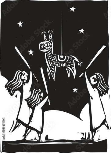 Woodcut style image of girls hitting a pinata