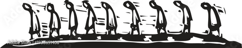 Woodcut style workers walking in a line