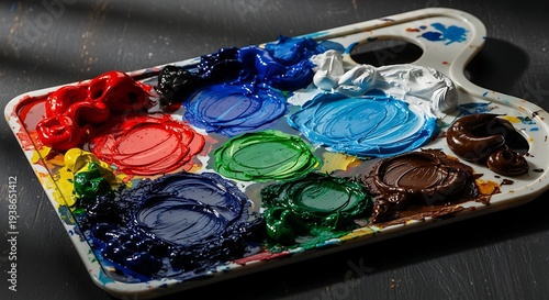 Colorful paint palette with various vibrant colors on a dark surface for artistic use