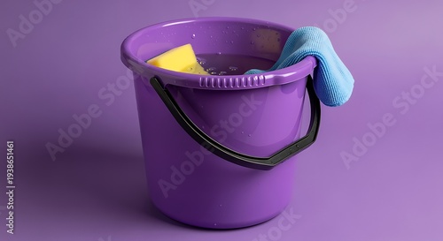 Purple bucket with black handle containing water sponge and blue cloth for cleaning purposes in a household setting