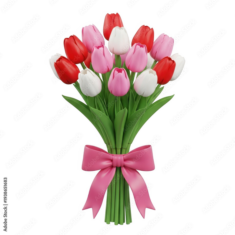 Fototapeta premium A vibrant bouquet of red, pink, and white tulips arranged beautifully with a pink ribbon tied around the stems. The image is on a transparent background, making it versatile for various design needs.