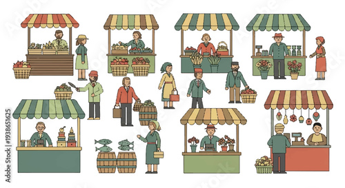 Market stalls and vendors selling produce and goods illustration